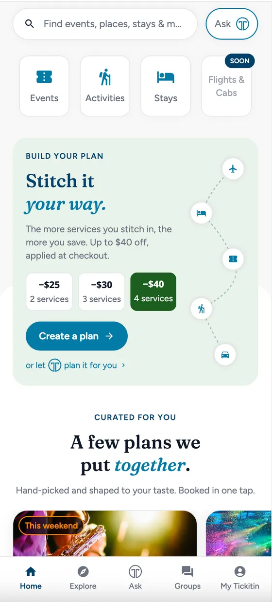 The Tickitin home screen — search, services, and curated plans
