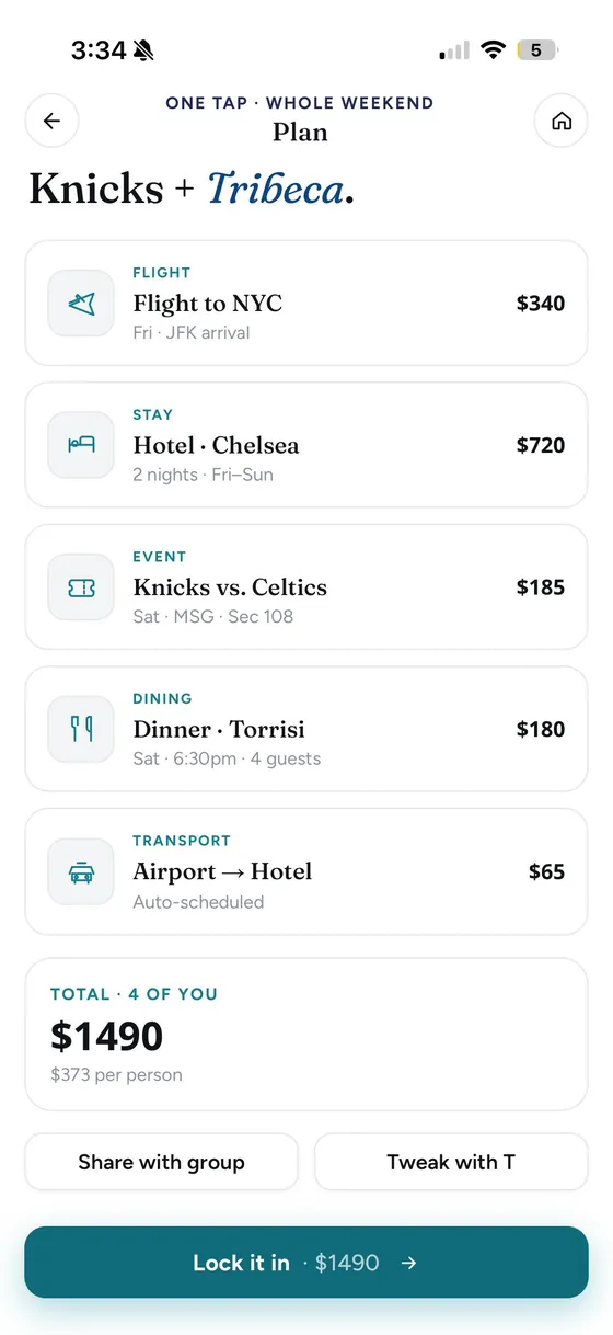 A composed Plan — game, dinner, stay and ride, $373 a person